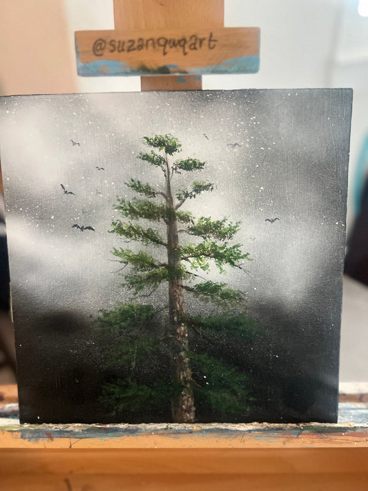 Artistic depiction of a tree with a foggy background on a canvas, signed 'suzanquart'.
