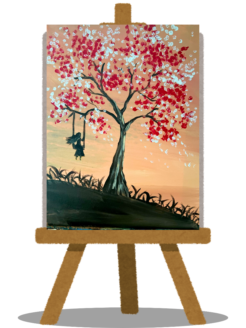 Painting of a tree with red leaves and a swing on an easel
