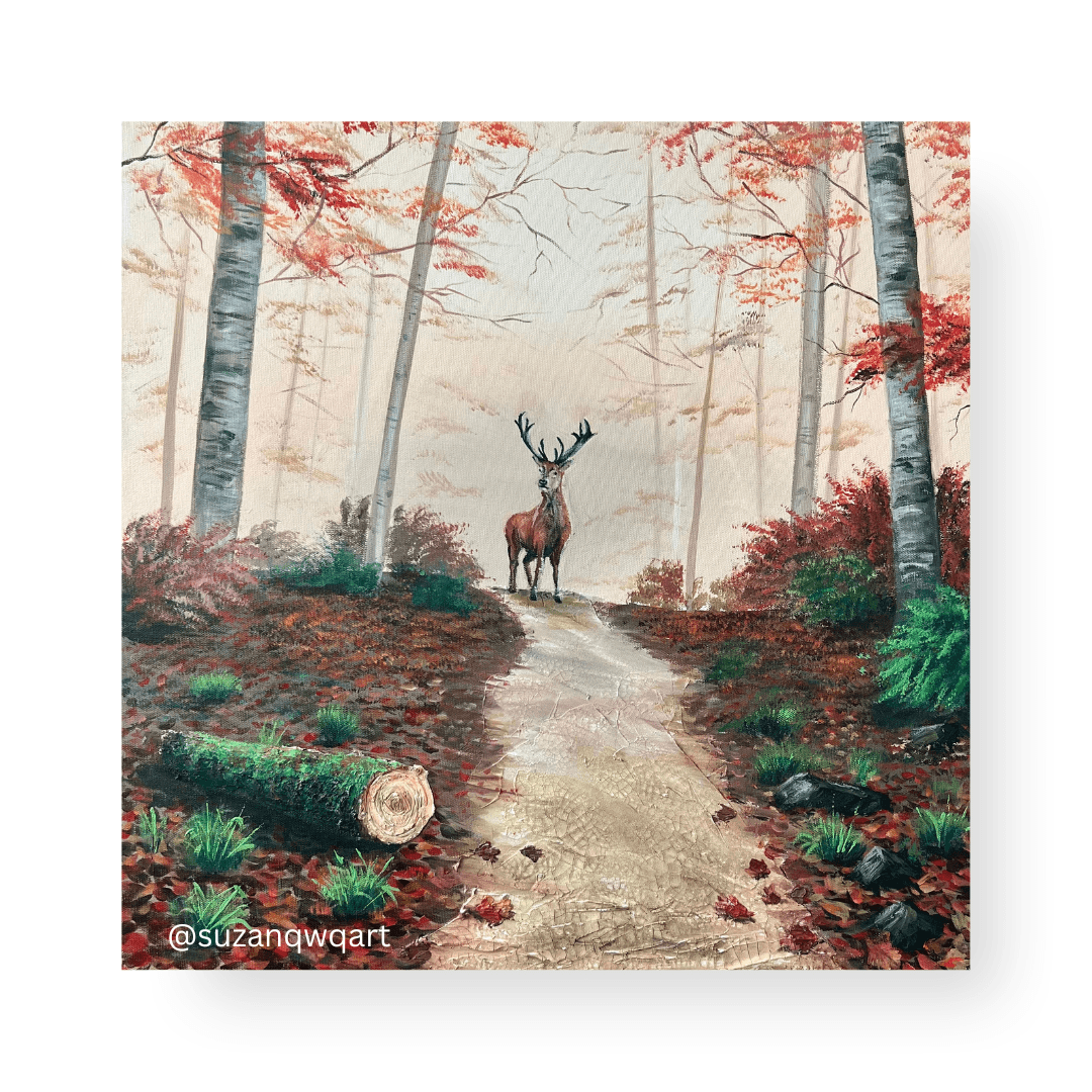 Fall landscape painting of a deer on a canvas