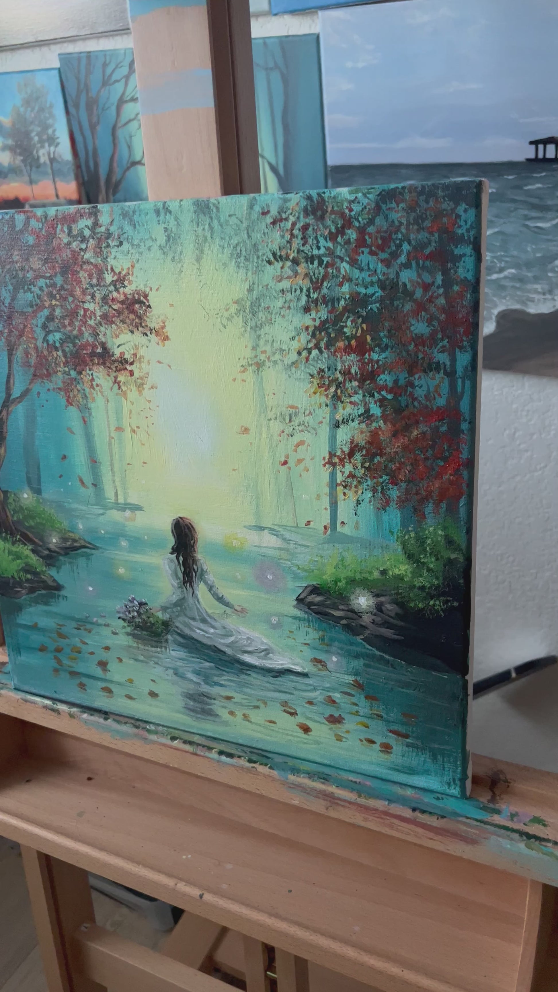 a painting of a woman on water in an enchanted forest